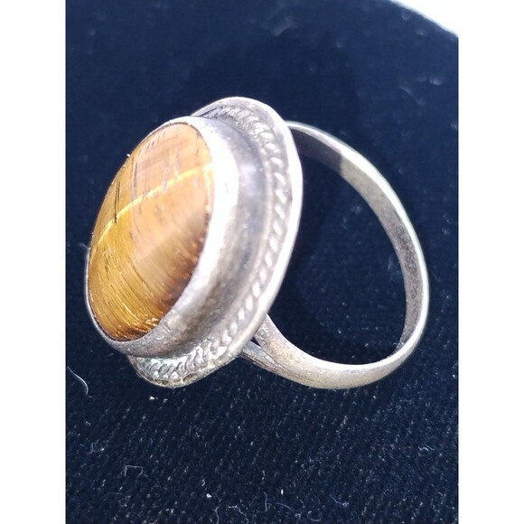 Men's Size 7 Silvertone Ring Retro Stone Looks Like Tiger Eye Stone - Picture 5 of 9